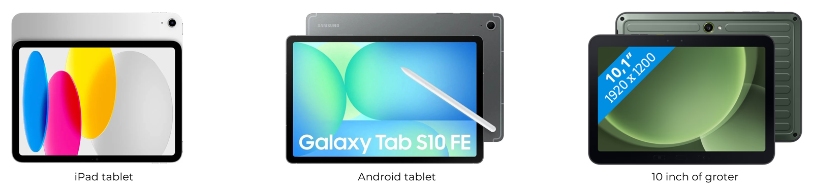 Een iPad, een Android-tablet en een tablet van 10 inch of groter